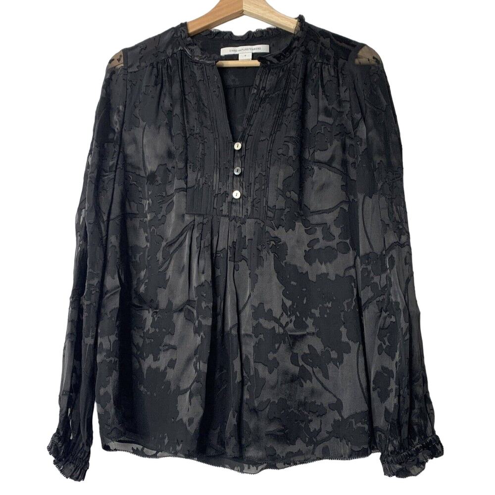 DIANE VON FURSTENBERG Blouse Sz 4 Annalise Floral Black Semi Sheer Henley Top